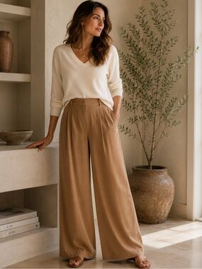 Eileen Fisher Size 6 Tencel Lyocell Wide Leg Pleated Trousers Rose Beige Fall